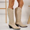 Fashion 2024 Women's Hollow Round Toe Slip-on Flat Shoes Summer Mid-calf Boots Thick Mid-Heel Women's Boots