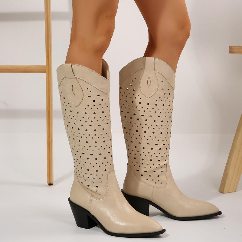 Fashion 2024 Women's Hollow Round Toe Slip-on Flat Shoes Summer Mid-calf Boots Thick Mid-Heel Women's Boots