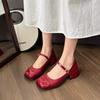 Red Thick Heel Small Leather Shoes Women's 2025 New Spring and Autumn Mary Jane Single Shoes