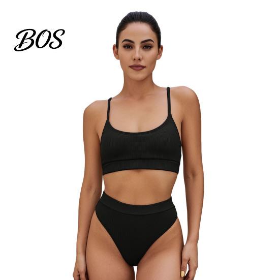 Belly Control Swimwear 2Pcs/Set Summer Ribbed Bikini Set High-Waisted Controlling Bottoms U-Shaped High Rise Back Halter Neck Bra Quick-Drying Elastic