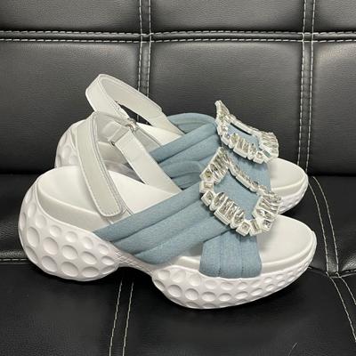 Мода 2024 Летние женские босоножки с круглым носком и толстым дном, с ромбовидным дизайном и пуговицами, модные босоножки для вечеринок, туфли на платформе