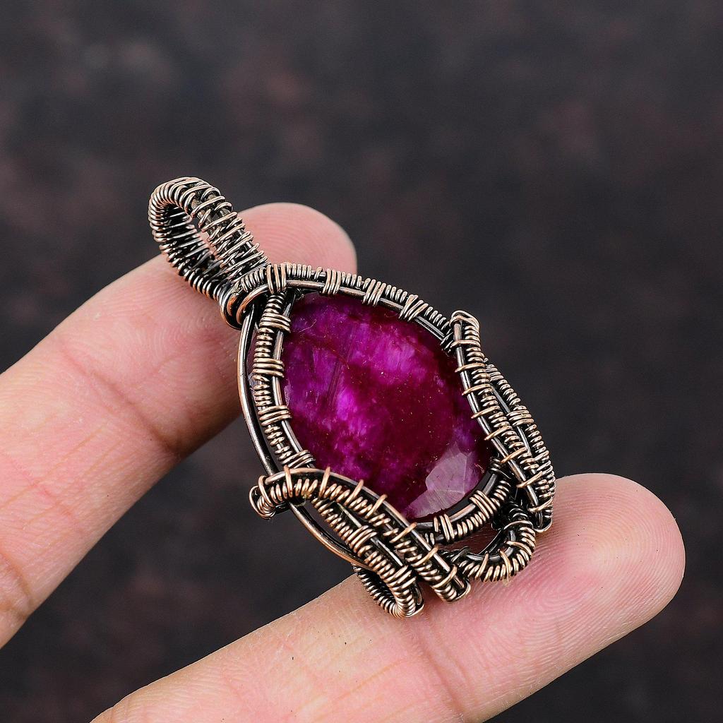 Faceted Kashmir Ruby Pendant Copper Wire Wrapped Pendant Antique Copper Jewelry Handmade Pendant Wire Wrapped Gemstone Jewelry Gift For Her