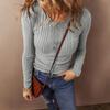 Women's Fashionable Solid Color Long Sleeved Button Casual Base Shirt Pullover T-shirt Top