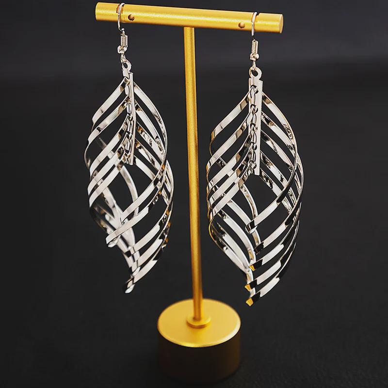 European & American Geometric Tassel Earrings - Long Leaf-Shaped Spiral Metal Design, Hollow & Exaggerated Style for Women