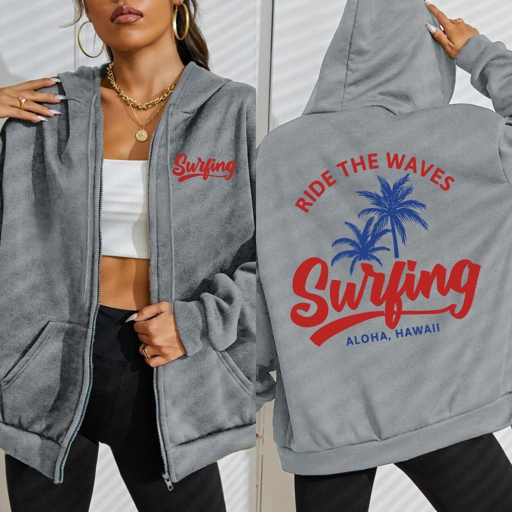 Ride The Waves Surfing Aloha Hawaii Coconut Tree Print Women Zipper Hoodie Y2K Loose Hoody Sportswear Autumn Fleece Top