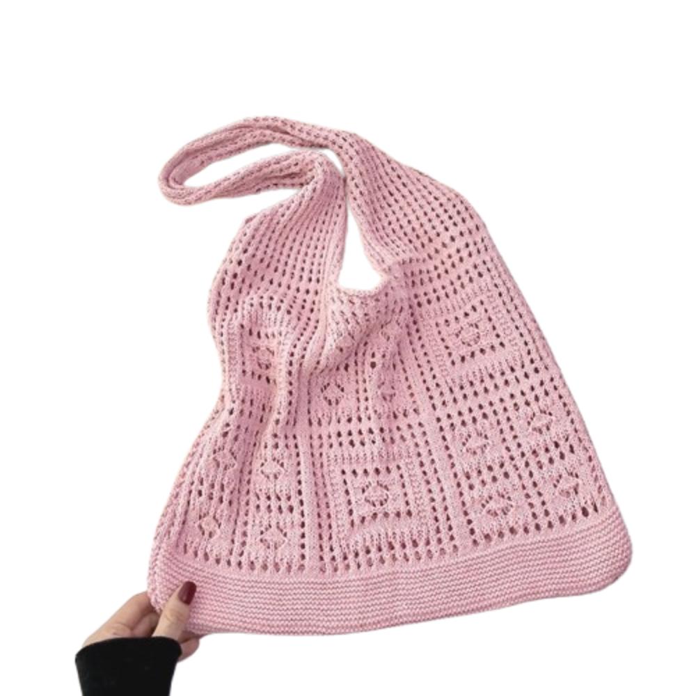 Woven Crochet Mesh Bag Solid Color Shopping Handbag Simple Knitting Shoulder Bag Summer