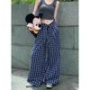 Blue Retro Gingham Early Autumn High Waist Loose Casual Pants