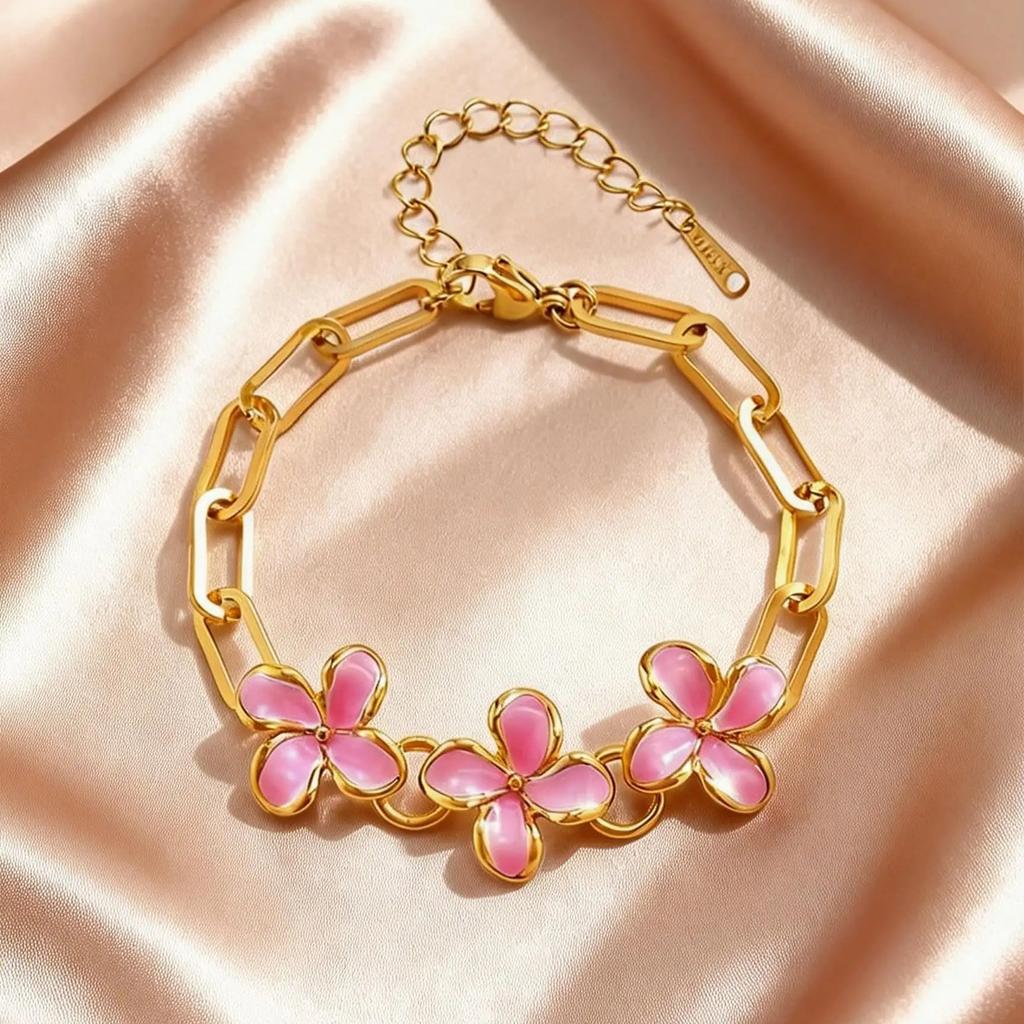 Fashion Sweet Enamel Drip Oil Pink Flower Bracelet for Women, Stainless Steel Luxury Classic Wrist Jewelry Gifts Party Daily