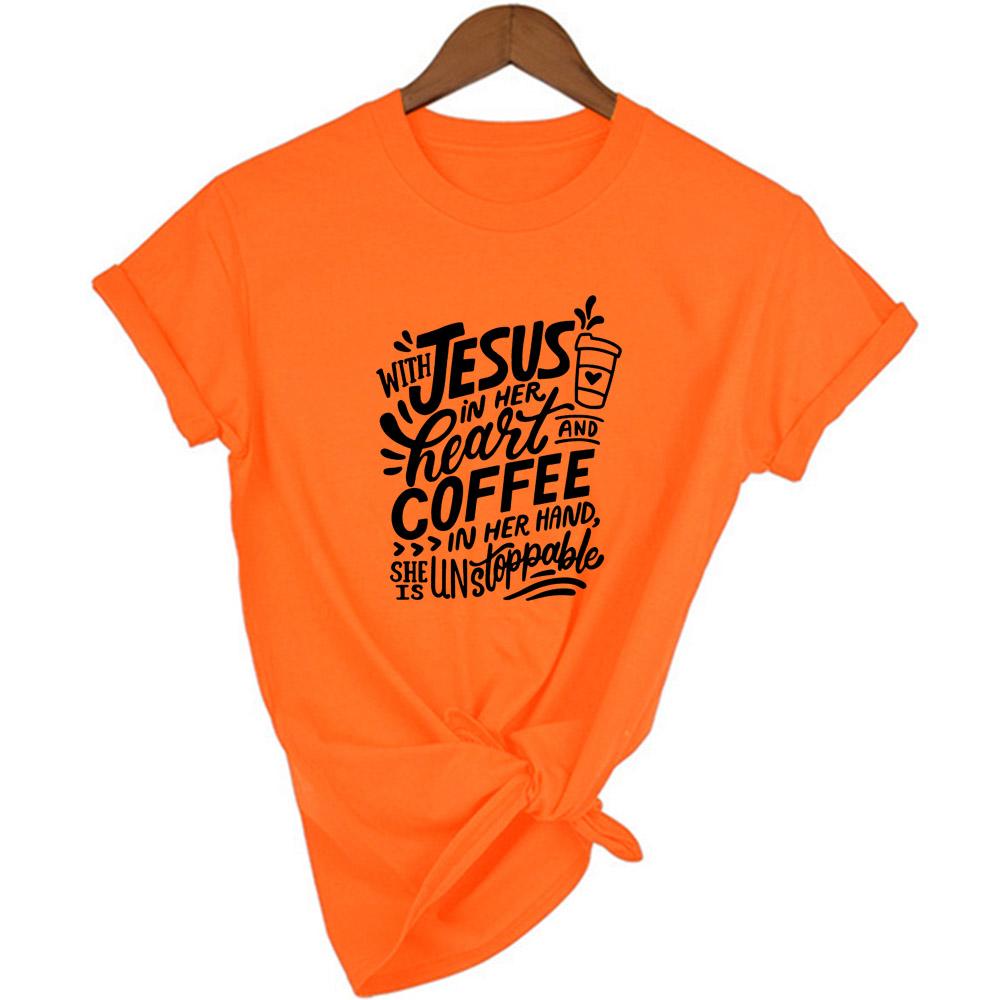 With Jesus In Her Heart And Coffee In Her Hand Women Faith God T Shirt