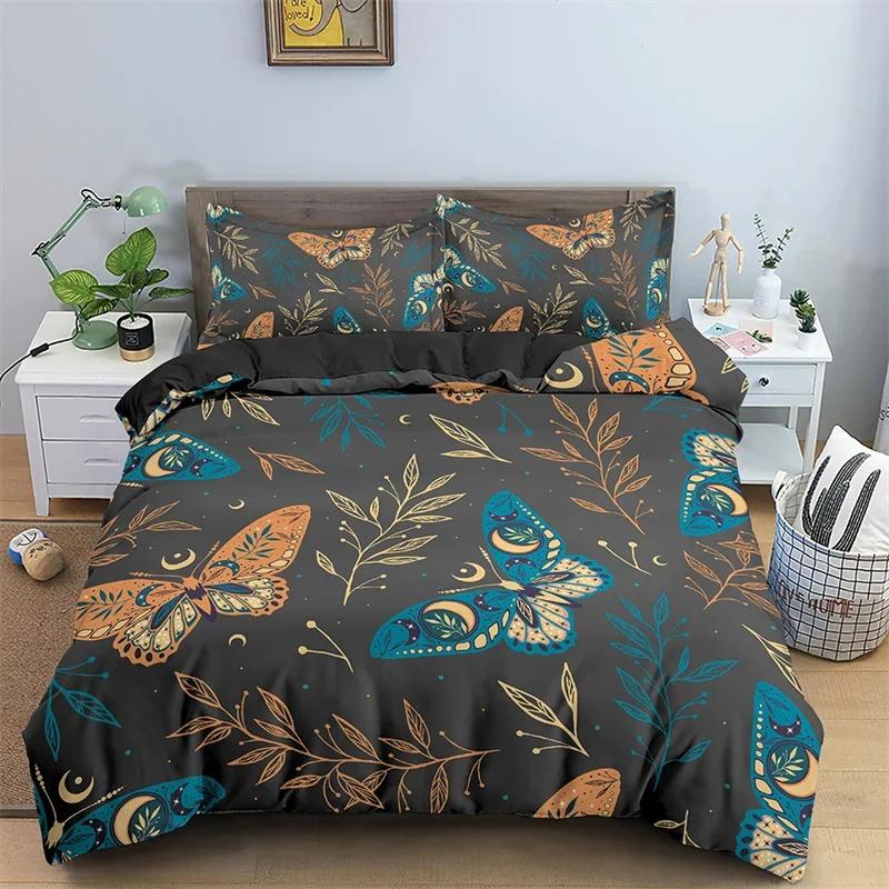 Butterfly Bedding Set Full King Size Hippie Boho Moth Duvet Cover Microfiber Animal Botanical Psychedelic Starry Sky Quilt Cover