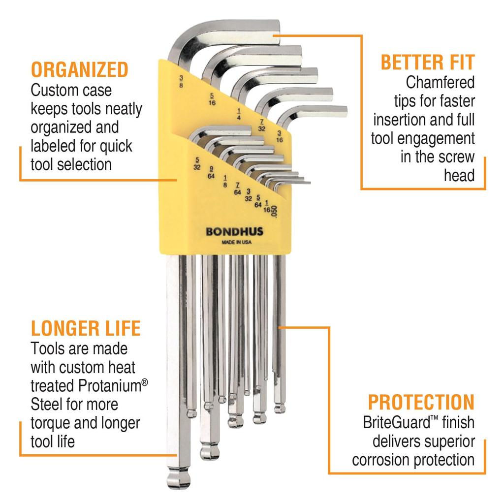 Шестигранный шариковый длинный набор из 13 штук BLX13B [] Набор L-образных ключей BONDHUS с точкой, плакированный, (0.050, 1/16, 5/64, 3/32, 7/64, 1/8, 9/64, 5/32, 3/16, 7/32, 1/4,