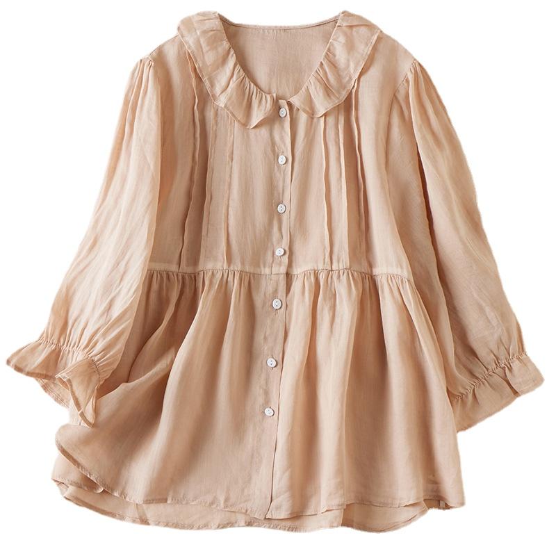 Летняя свободная однотонная хлопково-льняная рубашка с кукольным вырезом и рукавами 3/4, женская блузка