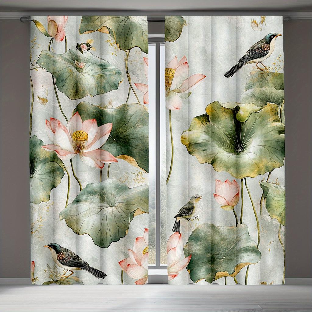 2pcs Elegant Watercolor for Lotus & Bird Print Curtains - Retro Japanese Style, Semi-Transparent Polyester Drapes for Bedroom &