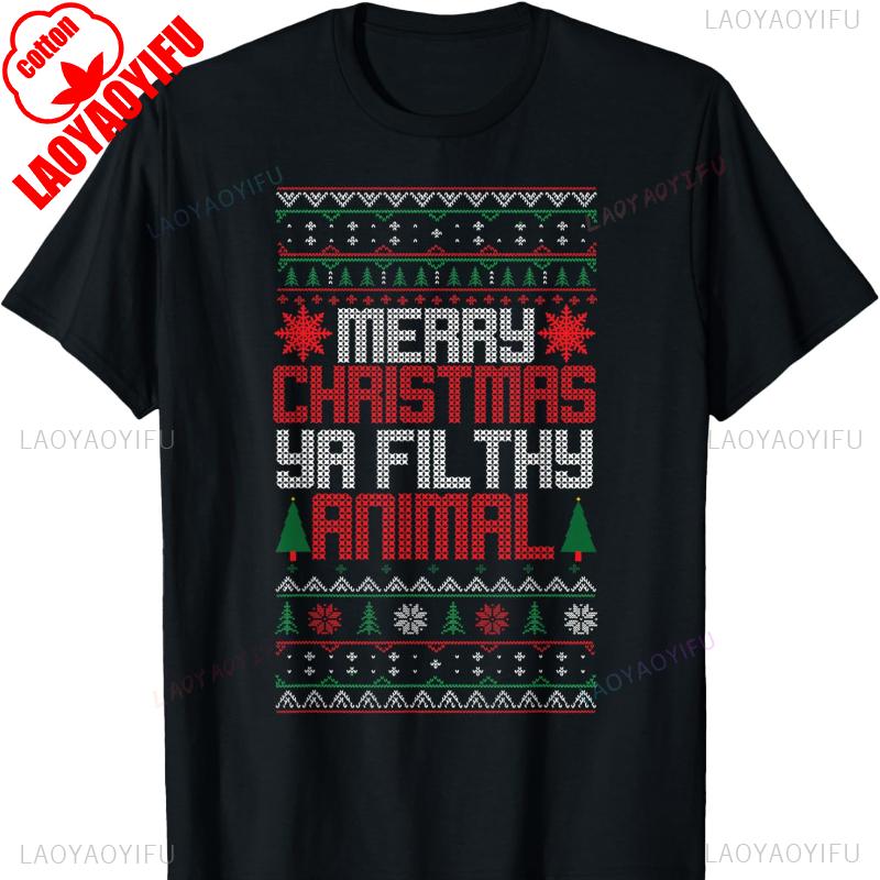 Christmas Merry Xmas Ya Filthy Animal Meme Lol Ugly Camiseta Negro Crew Neck Short Sleeve Cotton Top All Seasons Casual Fashion