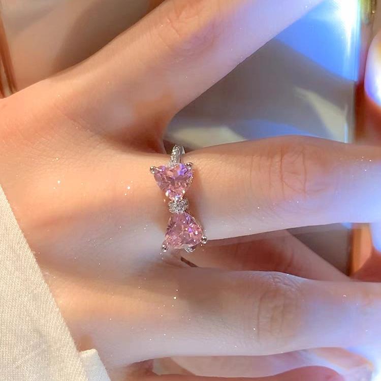 Y2K Pink Crystal Bowknot Zircon Rings for Women Fashion Sweet Lovely Girl Open Adjustable Ring Kpop Party Jewelry Gift 2023