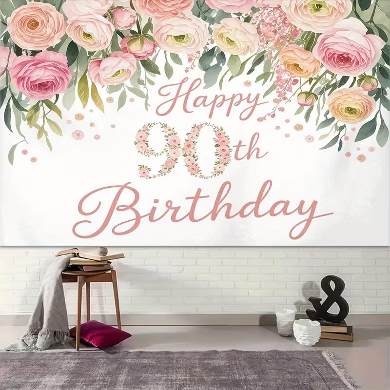 2D Elegant 90th Birthday Backdrop with Blush Pink Flowers & Greenery