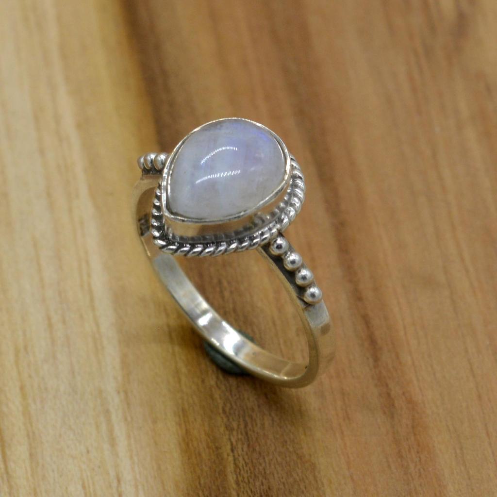 Кольцо с лунным камнем, стерлинговое серебро 925 пробы, ювелирные изделия ручной работы, бохо, форма груши, июнь, женское обручальное кольцо,