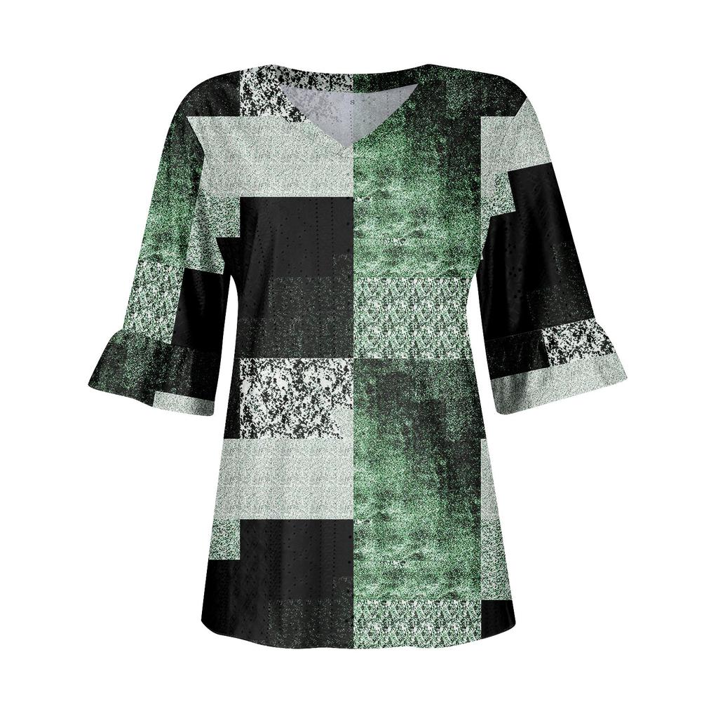 Рубашки с рукавом 3/4 для женщин, свободная футболка с принтом, топы с v-образным вырезом и рюшами на рукавах