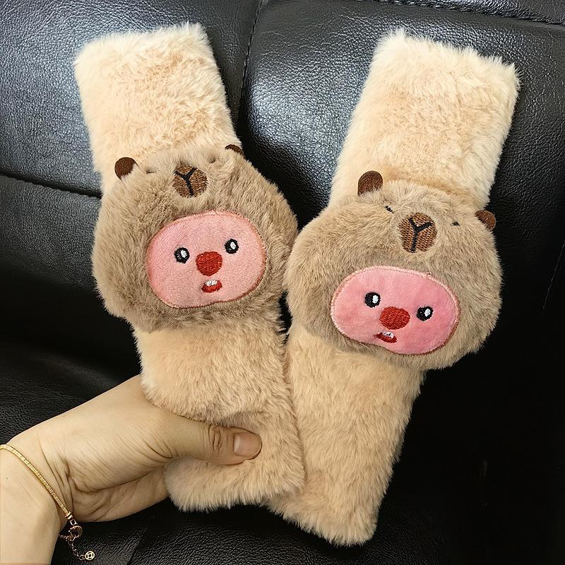 New Cute Cartoon Capybara Universal Car Seat Belt Cover Imitation Rabbit Fur Long Plush Auto Safety Shoulder Pad For Kids Ladys