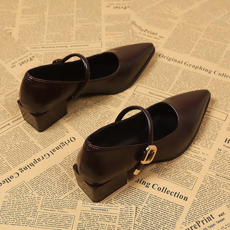 Дизайн с толстым каблуком, нишевые туфли-лодочки с мелким вырезом, женские весенне-осенние новые остроносые туфли на высоком каблуке Мэри Джейн, маленькие кожаные туфли