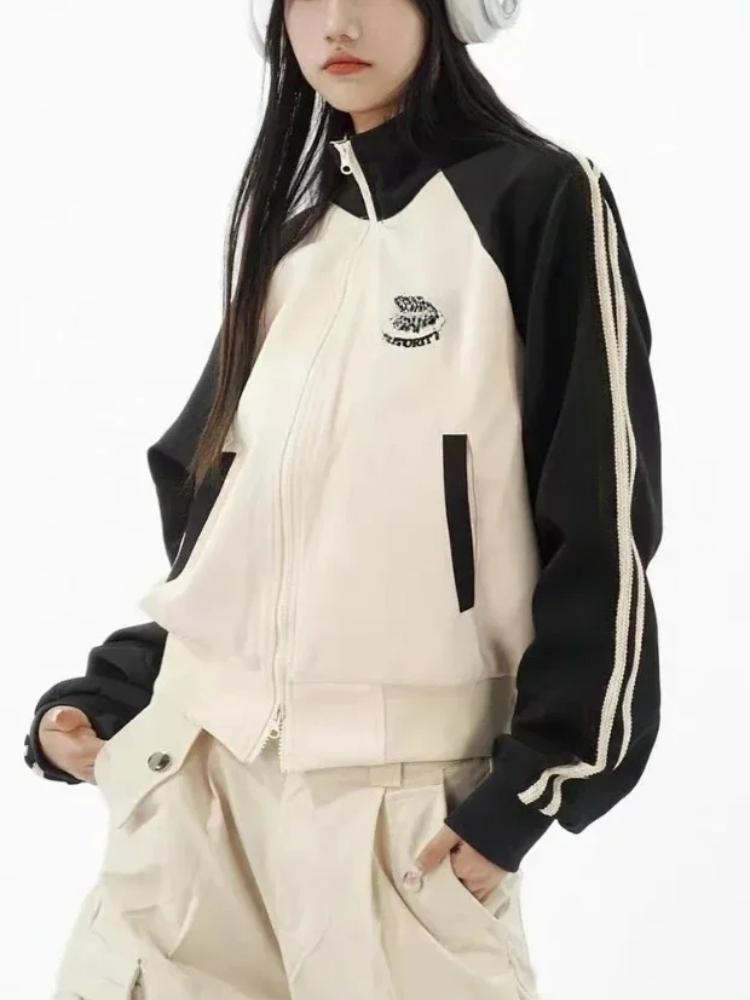 Лоскутная укороченная куртка женская Y2k молния ретро спортивная верхняя одежда корейская уличная одежда воротник-стойка полосатые куртки женские новые