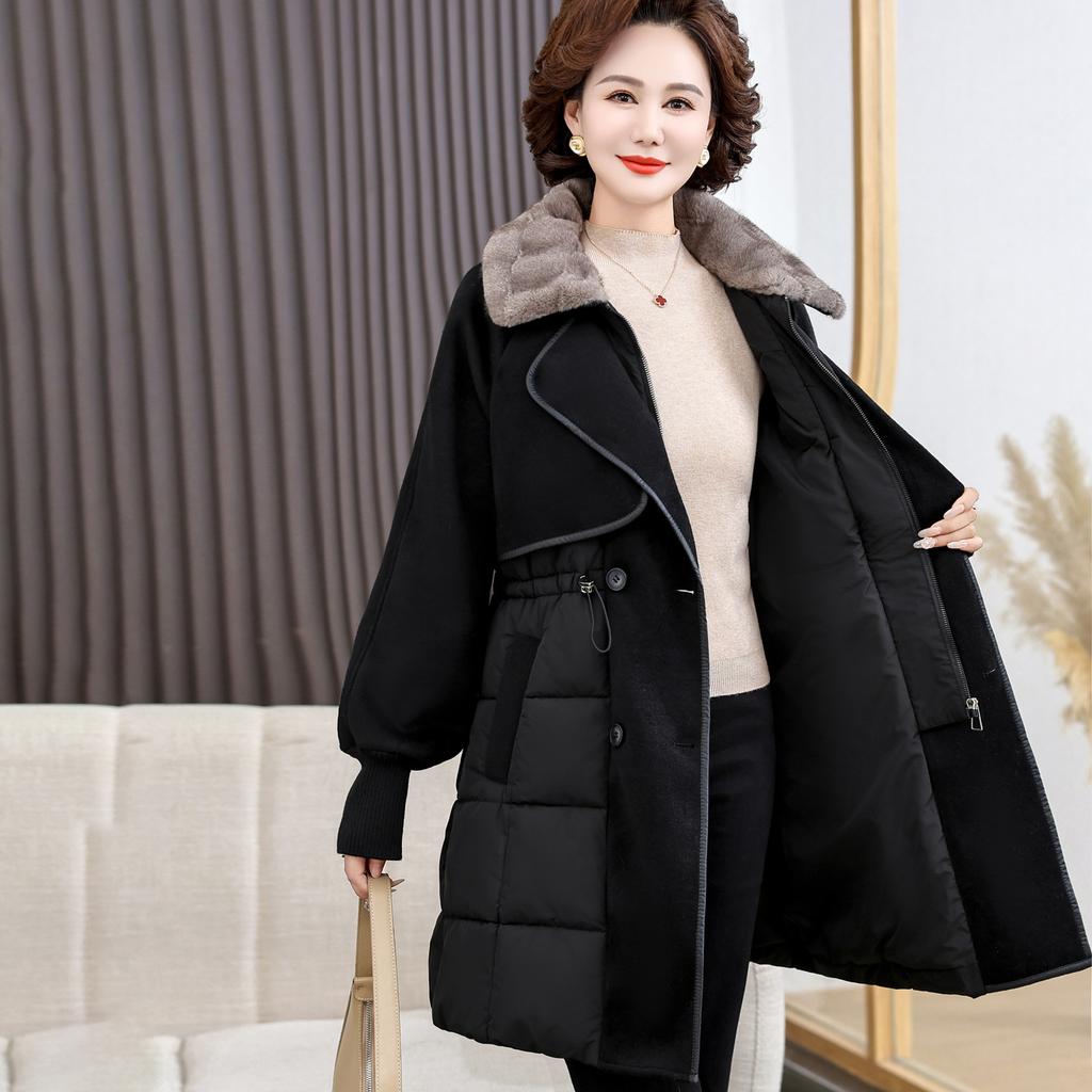 Fake two middle-aged mother winter clothes medium and long thickened cotton clothes middle-aged and elderly women's clothing woolen splicing cotton ja