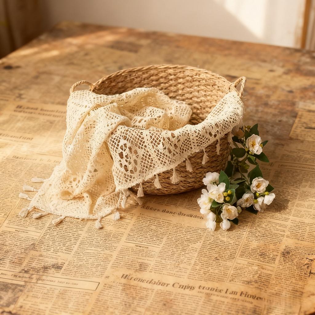 Одеяло для новорожденных с винтажным кружевом и кисточками - Квадратный дизайн Детское одеяло для пеленания Практичный наполнитель для полой корзины и реквизит для фотосъемки