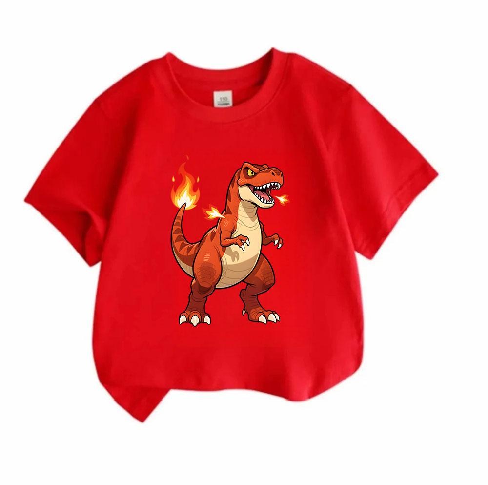 Kids Boys Girls Crew Neck Short Sleeve 100% Cotton T-Shirt, Cute Angry Fire Dinosaur Print Casual Tees for Children Daily Wear Summer Tops