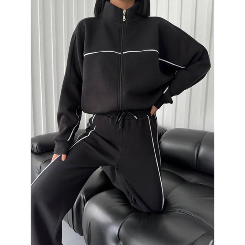 Новый повседневный костюм с длинными рукавами, полуводолазка, кардиган с капюшоном и полосатыми брюками, пуловер, спортивные штаны, комплект из двух предметов