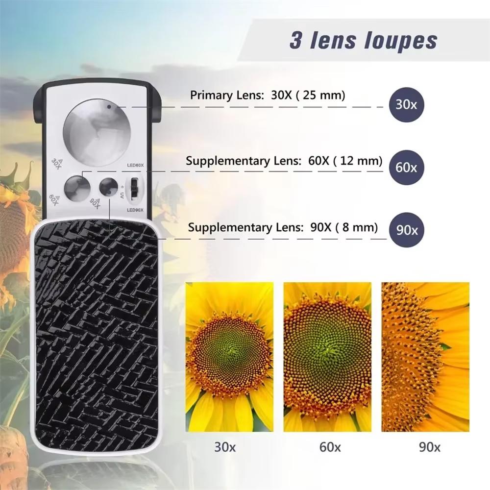 Выдвижная лупа для ювелирных изделий 30X 60X 90X светодиодная подсветка для глаз мини портативная лупа с УФ-светом для ювелирных изделий