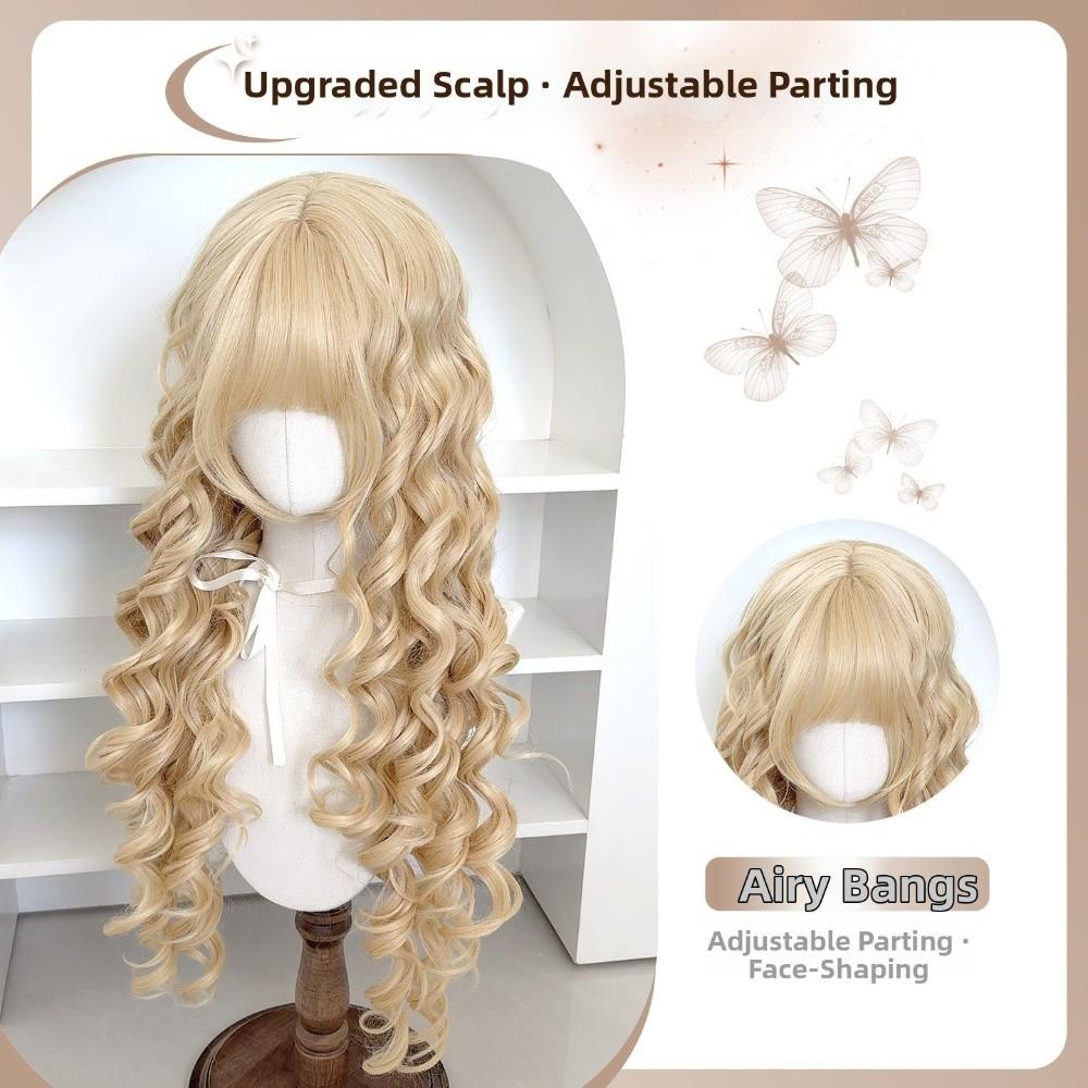 Harajuku Long Blonde Cosplay Wig 28inch Lolita Wig with Bangs Princess Curly Wavy Wig Carnival