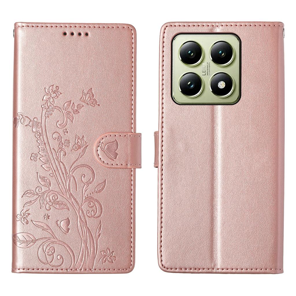 For Xiaomi 14T Wallet Case Butterfly Floral Imprint PU Leather Phone Cover with Wrist Strap