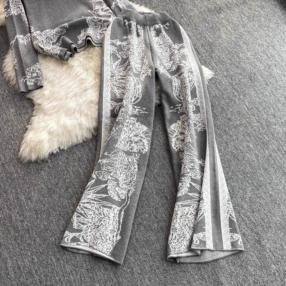 Осенне-зимний элегантный женский комплект одежды для отдыха из 2 предметов, трикотажные брюки, дизайнерский винтажный вязаный свитер с цветочным принтом