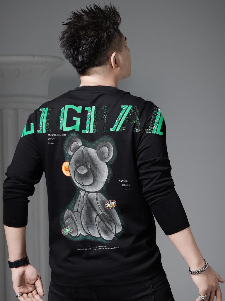European Station 2026 Spring New Round Neck Long-Sleeve T-Shirt Men's Trendy Bear Print Base Shirt Casual Top