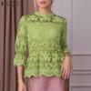 Women Casual Round Neck 3/4 Sleeve Elegant Patchwork Lace Blouse
