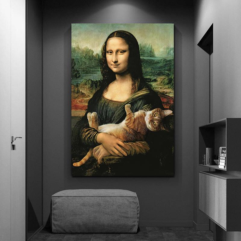 Винтажная Мона Лиза с котом, холст, картина, забавные постеры и принты, настенные художественные фотографии для гостиной, украшения дома, Cuadros