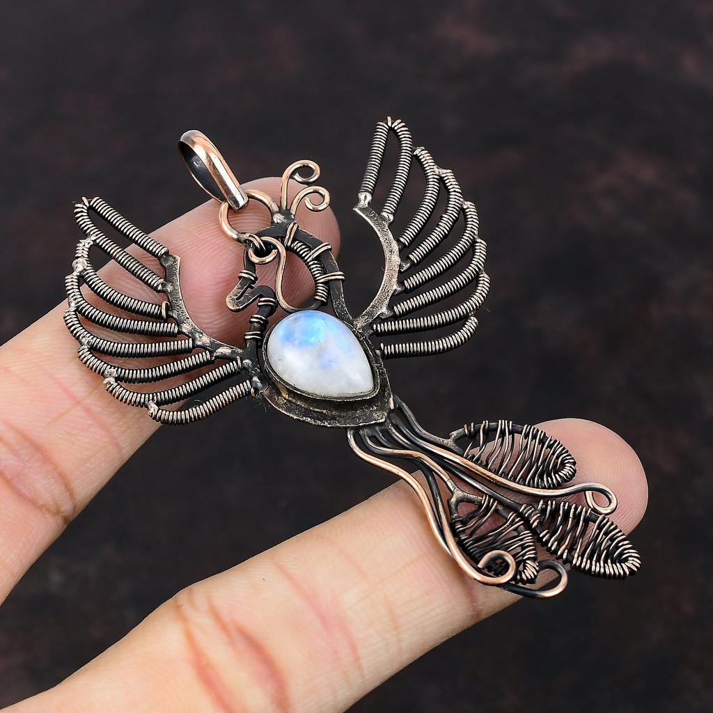 Радужный кулон с лунным камнем, медная проволока, кулон, этнические украшения ручной работы, кулон с птицей Феникса, медные украшения, кулон с драгоценным камнем для подарка