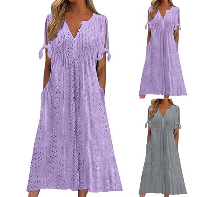 Женская мода повседневное однотонное платье с круглым вырезом и пуговицами с открытыми плечами и коротким рукавом с карманом