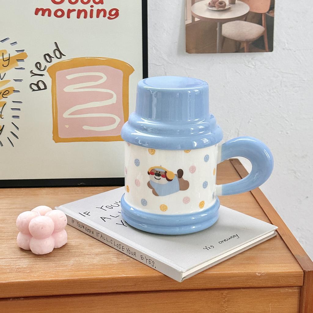 Cute Polka Doll Puppy Kettle Cup Ceramic Mug with Lid Spoon Couple Home Coffee Breakfast Cup Souvenir Gift