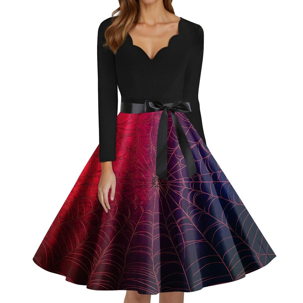 Women's Fashion V-Neck Casual Slim Fit Halloween Printed Long Sleeve Dress