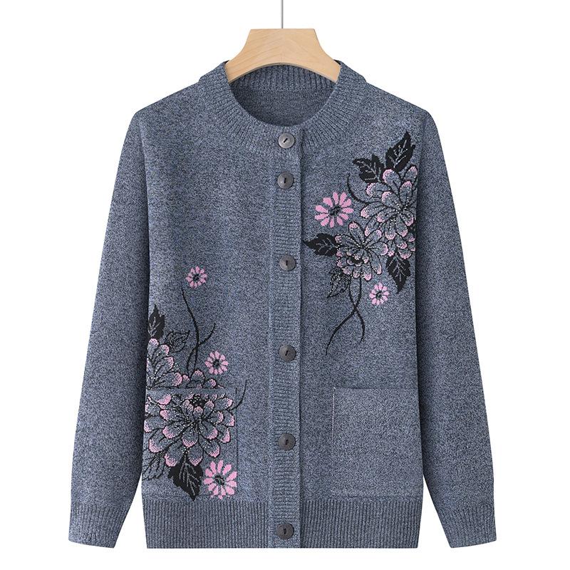 Print Middle-Aged Elderly Mother's Spring Autumn Long-Sleeve Sweater Women Knitted Bottoming Shirt Grandma Cardigan