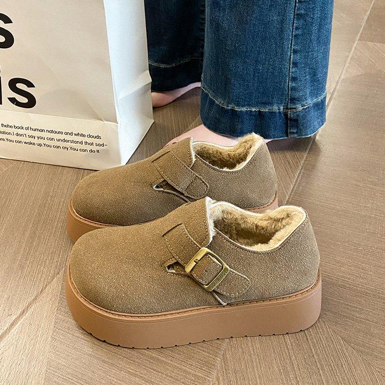 Модные женские модные хлопковые ботинки на толстой подошве Зимние новые замшевые с круглым носком и глубоким вырезом, с металлической пряжкой, нескользящие туфли с низким верхом