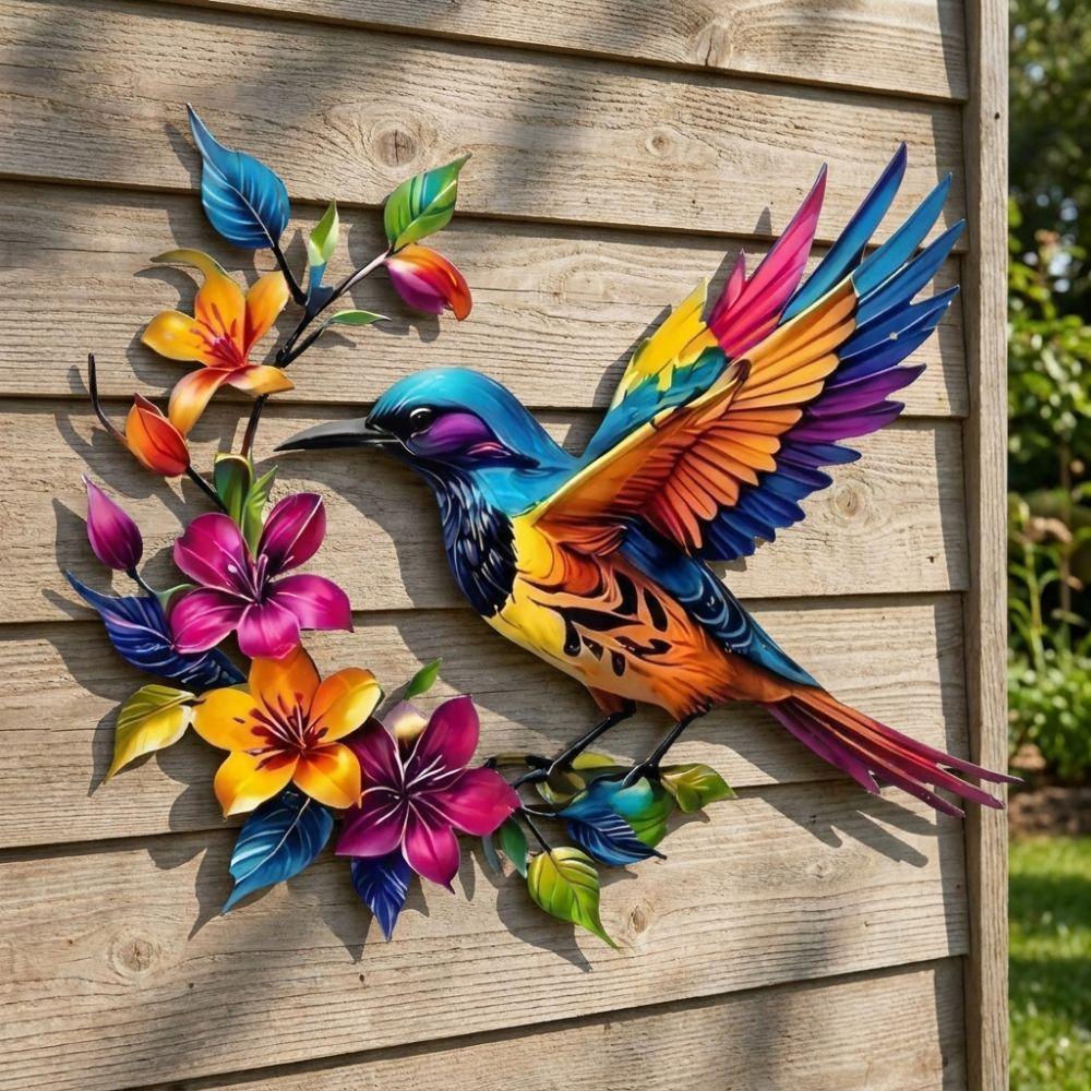 Hand Painted Iron Art Bird Wall Hanging Colorful Flower Colorful Birds Sculpture Balcony Patio