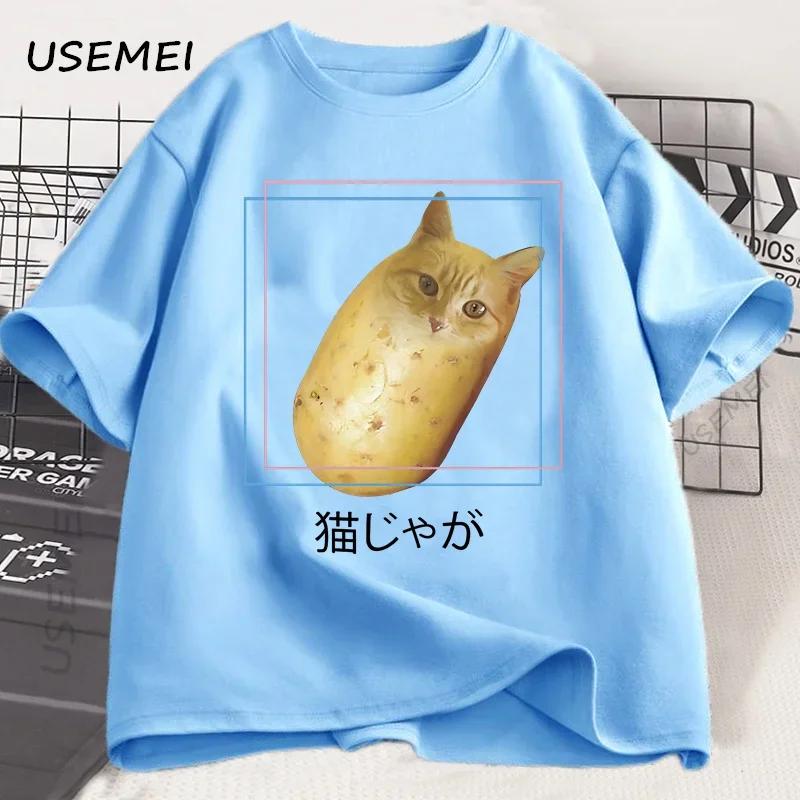 Смешная футболка Кот-Картошка Мем-футболка Neko Японский Котенок Забавная футболка Хлопковые футболки Унисекс Унисекс Повседневные Оверсайз футболки Одежда