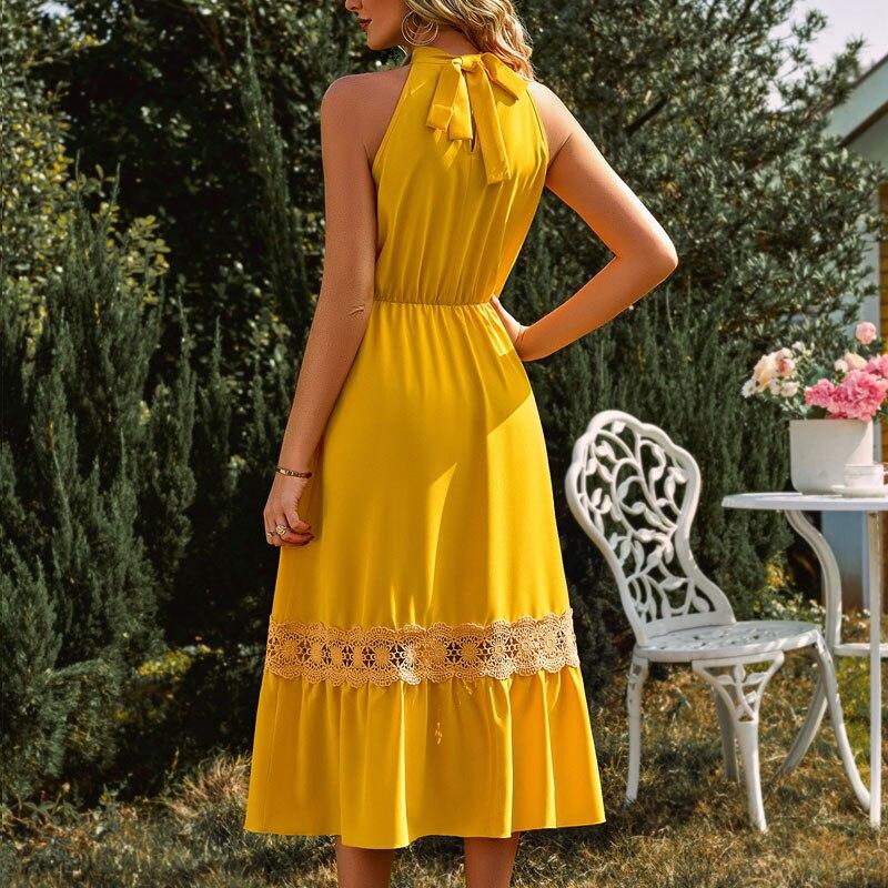 Летнее милое свободное однотонное длинное платье А-силуэта повседневное элегантное женское платье модное платье без рукавов с лямкой через шею в стиле пэчворк с кружевом 25305