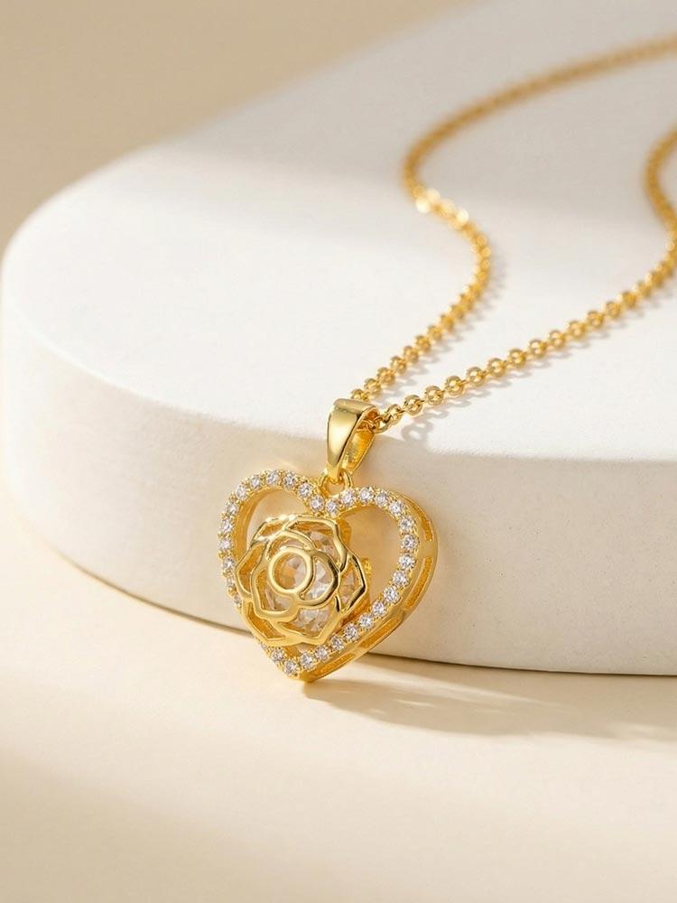 Heart Rose Necklace Tarnish Free for women,18K Gold PVD Plated Waterproof Full Zircon Pave Heart Pendant Elegant Jewelry