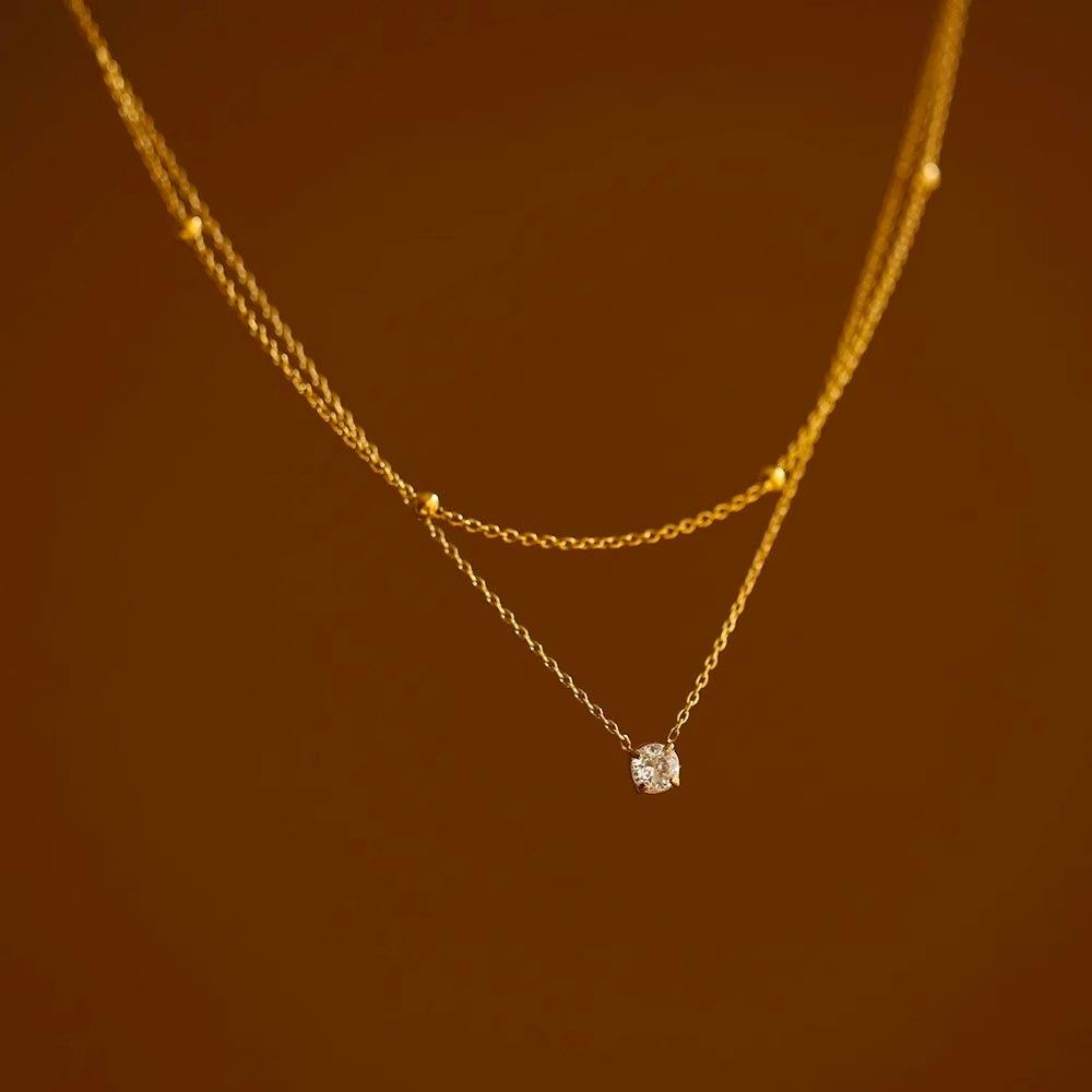 Stainless Steel Waterproof Double Layer Single Zircon Pendant Necklace for Women Fashion Stacking Beaded Clavicle Chain Jewelry