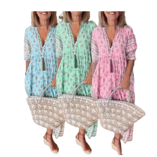 Yousheng Summer Spring Maxi Dress V Neck Bohemian Style Lantern Sleeves A-line Big Swing Pleated High Waist Printing Dress