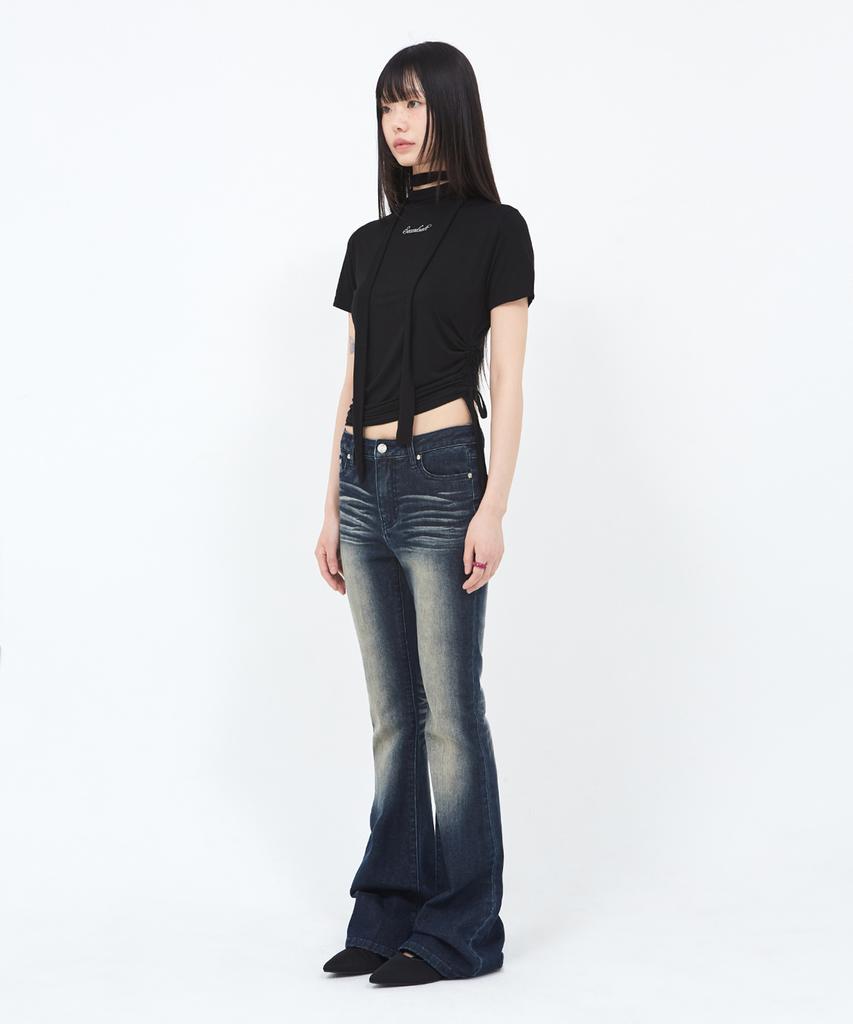 SECONDSALT Shirred Choker Half-Neck T-Shirt (Black)