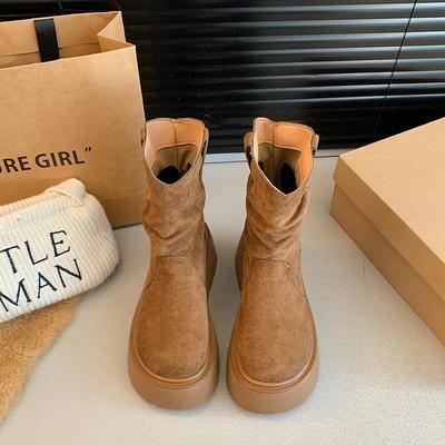 Современные ботинки на танкетке до середины голени, зимние ботинки без застежек 2024 года, горячая распродажа женских ботинок с круглым носком и высоким каблуком, однотонные, сшитые, лаконичные женские ботинки